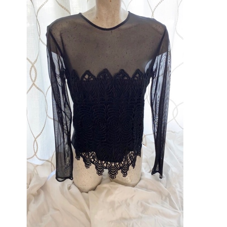 Lace Mesh Long Sleeve Illusion Top